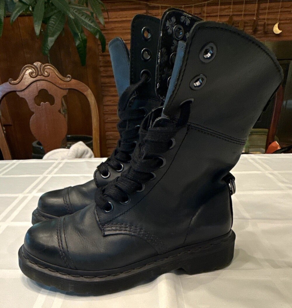Dr. Martens Aimilita Fold-Down Leather Combat Boots Black Floral Lined Womens 5